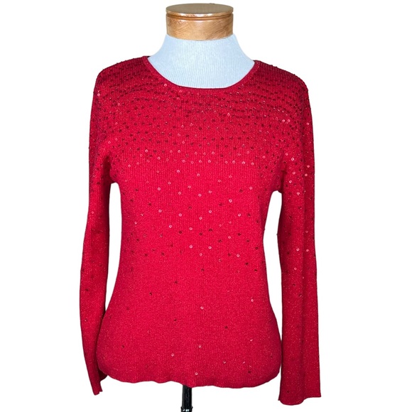 Hampshirite Studio Petite Red Metallic Ribbed Knit Sweater With Sequins PL - Picture 1 of 11